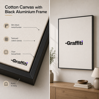 Textured cotton canvas art with "Graffiti" text, in a slim black aluminum floating frame.