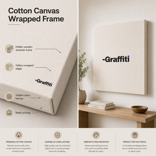 Cotton canvas wrapped frame art with "Graffiti" logo, hidden wooden stretcher, and gallery-wrapped edges.
