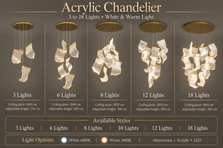Modern acrylic LED chandelier with cascading light fixtures, available in multiple configurations from 3 to 18 lights.
