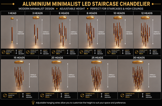Aluminium Minimalist LED Staircase Chandelier – Coffee Silver or Gold, 1 to 10 Heads, 3 Colour Modes