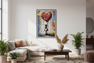 Banksy Girl Reaching for Colourful Dripping Heart Graffiti Street Art Canvas Wall Art