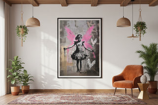 Banksy Girl with Pink Butterfly Wings Graffiti Street Art Canvas Wall Art Print
