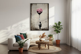 Banksy Girl with Pink Flower Balloon Graffiti Street Art Canvas Wall Art Print