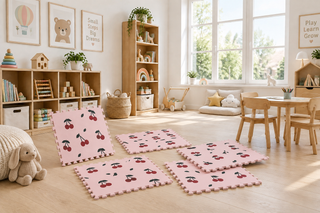 Cherry Print EVA Foam Interlocking Play Mat – 6 Tiles 60x60cm, Pink, Washable & Non-Slip