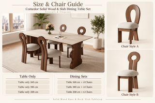 Comedor dining set with a light rock slab tabletop, solid wood base, and two styles of upholstered wooden chairs.
