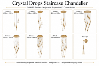 Crystal Drops Staircase Chandelier – Elegant LED Pendant, 3 to 28 Heads, 3 Colour Modes