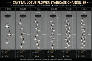 Crystal Lotus Flower Staircase Chandelier – Luxury Multi-Head LED Pendant, 3 to 20 Heads