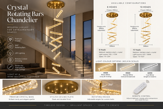 Crystal Rotating Bars Staircase Chandelier – Luxury LED Pendant, 8 or 10 Heads, Tri-Colour Remote