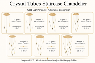 Crystal Tubes Staircase Chandelier – Gold LED Pendant, 3 to 18 Lights, Dimmable Option