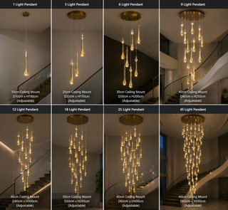 Gold Water Drop Crystal Pendant Staircase Chandelier – French or Bronze Gold, 1 to 45 Lights, 2 Drop Sizes