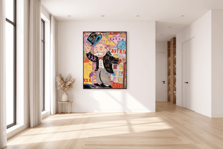 Living room with a colorful abstract painting of a character on the wall.