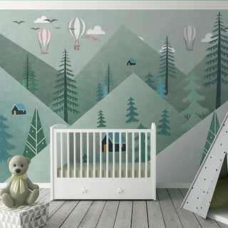 Air Balloons over Green Forest Nursery Wallpaper-Kids Room Wallpaper