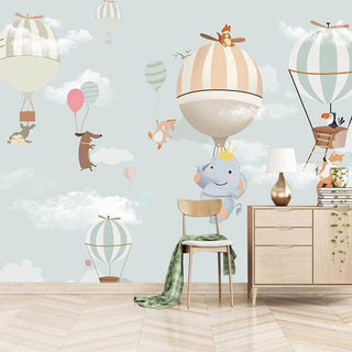 Animals Flying on Air Balloons Nursery Wallpaper-Kids Room Wallpaper