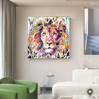Animals Graffiti Lion With Crown Canvas Wall Art-Wall Posters