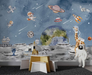 Animals in Space Astronauts: Kids Room Wallpaper Mural-Kids Room Wallpaper