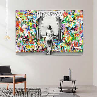 Banksy Freedom Curtains Lady Canvas Wall Art-Wall Posters