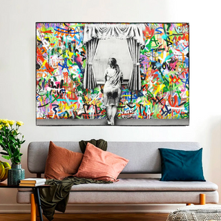 Banksy Freedom Curtains Lady Canvas Wall Art-Wall Posters