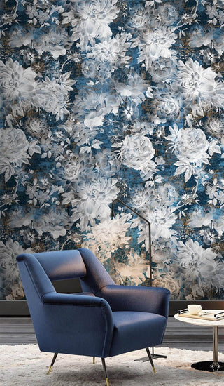 Blue Rose Floral Wallpaper Mural-Flower & Leaf Wallpaper