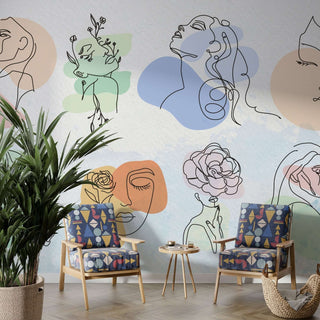 Boho Matisse Line Art Wallpaper Mural - Unique Design-Flower & Leaf Wallpaper