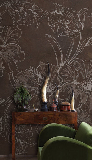 Brown Floral Sketch Wallpaper Mural-Flower & Leaf Wallpaper