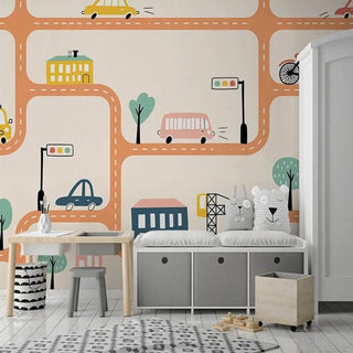 City Roads Car Tracks Nursery Wallpaper-Kids Room Wallpaper