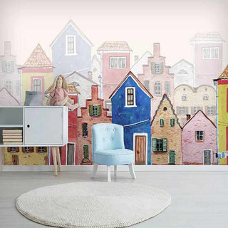 Colorful Houses Theme Wallpaper - Nursery Wallpaper-Kids Room Wallpaper