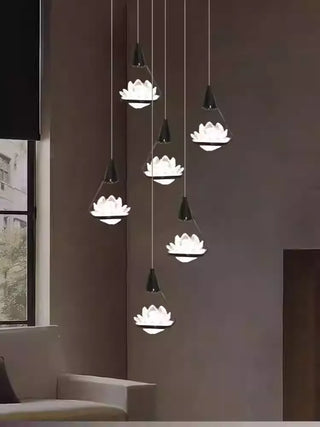 Crystal Lotus Flower Staircase Chandelier – Luxury Multi-Head Pendant Lighting