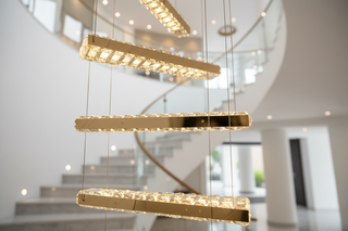 Crystal Rotating Bars Staircase Chandelier – Luxury LED Pendant, 8 or 10 Heads, Tri-Colour Remote