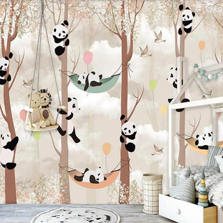 Cute Pandas Hanging on Trees in Forest Nursery Wallpaper-Kids Room Wallpaper