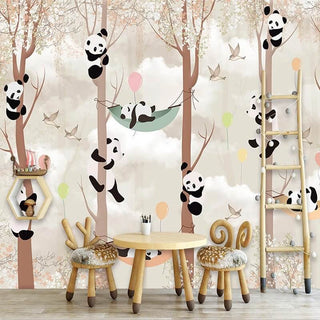 Cute Pandas Hanging on Trees in Forest Nursery Wallpaper-Kids Room Wallpaper