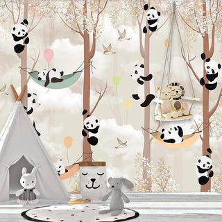 Cute Pandas Hanging on Trees in Forest Nursery Wallpaper-Kids Room Wallpaper