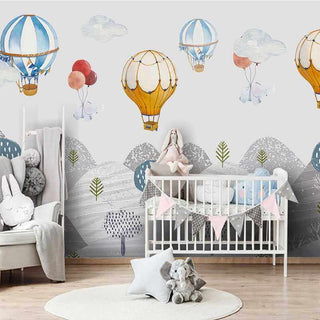 Elephants Hanging from Air Balloons: Kids Nursery Wallpaper-Kids Room Wallpaper