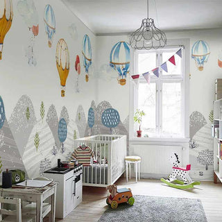 Elephants Hanging from Air Balloons: Kids Nursery Wallpaper-Kids Room Wallpaper