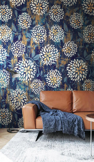 Floral Blues Wallpaper Mural-Flower & Leaf Wallpaper