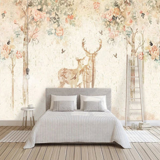Floral Meadow with Deer - Nature-Inspired Wallpaper-Kids Room Wallpaper