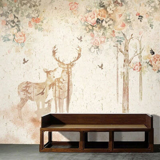 Floral Meadow with Deer - Nature-Inspired Wallpaper-Kids Room Wallpaper