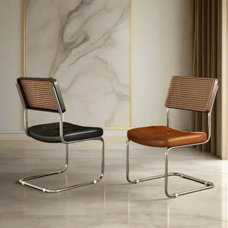 French Vintage Rattan Dining Chairs – Walnut Wood and Leather Finish