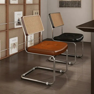 French Vintage Rattan Dining Chairs – Walnut Wood and Leather Finish