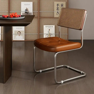 French Vintage Rattan Dining Chairs – Walnut Wood and Leather Finish