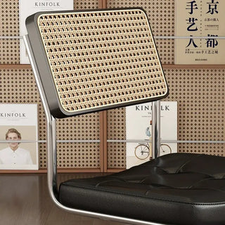 French Vintage Rattan Dining Chairs – Walnut Wood and Leather Finish