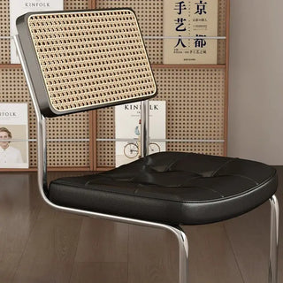 French Vintage Rattan Dining Chairs – Walnut Wood and Leather Finish