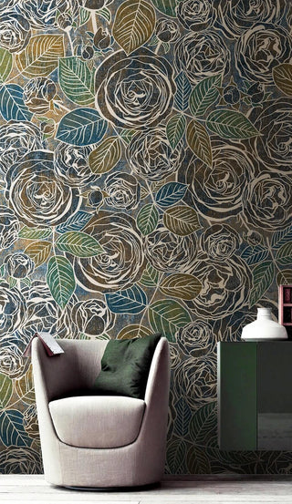 Gold Line Roses Floral Wallpaper Mural-Flower & Leaf Wallpaper
