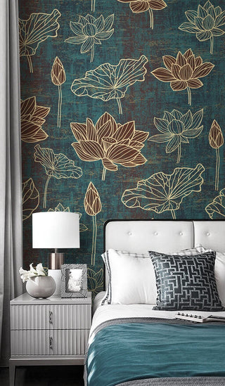 Gold Linear Floral Wallpaper Mural-Flower & Leaf Wallpaper