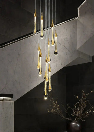 Gold Water Drop Crystal Pendant LED Chandelier Lighting-Staircase Chandeliers