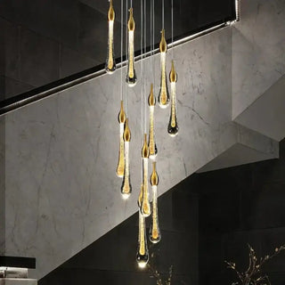 Gold Water Drop Crystal Pendant LED Chandelier Lighting-Staircase Chandeliers