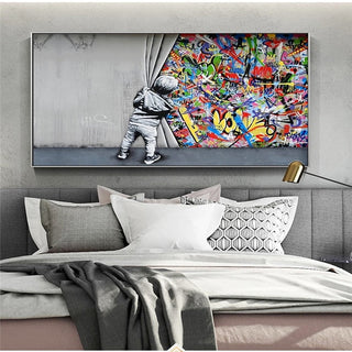 Graffiti Art Boy Behind the Curtain Canvas Wall Art-Wall Posters