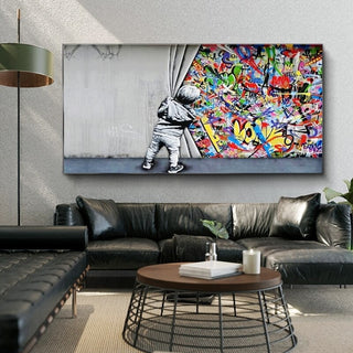 Graffiti Art Boy Behind the Curtain Canvas Wall Art-Wall Posters