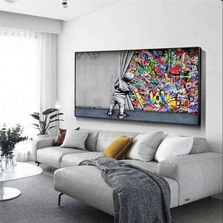 Graffiti Art Boy Behind the Curtain Canvas Wall Art-Wall Posters
