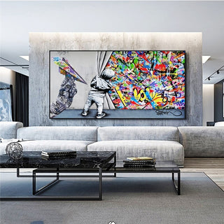 Graffiti Street Art Boy Behind The Curtain Canvas Wall Art-Wall Posters