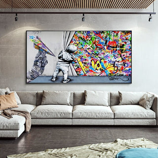 Graffiti Street Art Boy Behind The Curtain Canvas Wall Art-Wall Posters